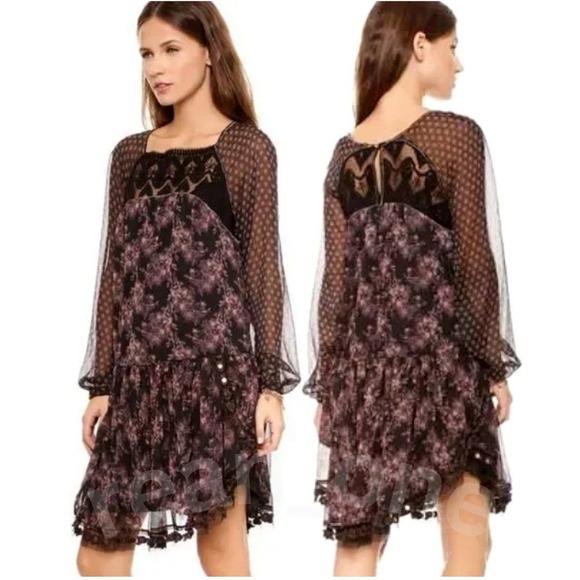 Free People Dresses & Skirts - Free People Women's Midnight Garden Combo Sheer Long Sleeve Elsie Dress XS/TP